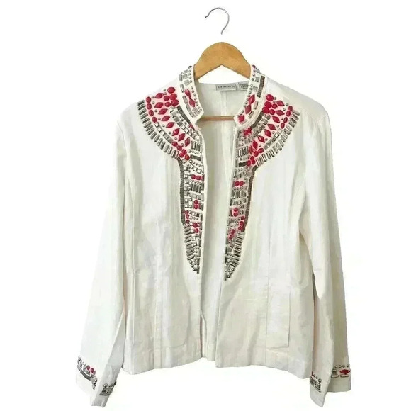 Chico's Beaded Denim Jacket White Womens 2 Large Embellished Artsy NWT $149 - Picture 1 of 12